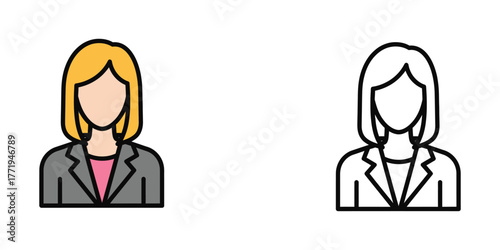 Two simple icon style female figures one in color one in outline woman person