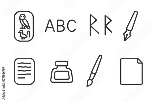 Writing System Icons. Line style icons of Writing Systems: Hieroglyphs, Letters, Runes, Calligraphy Pen, Tablet, Ink, Brush, Page,