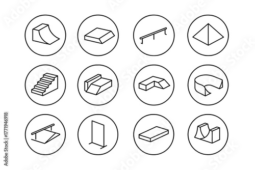 Skate Park Icons. Line style round vector icons of Skate Park Elements: Quarter Pipe, Funbox, Flat Rail, Pyramid Ramp; Stairs Set,