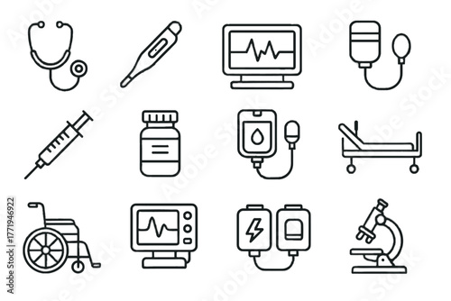 Defibrillator medical icon iv syringe pressure monitor icons device vector bottle microscope