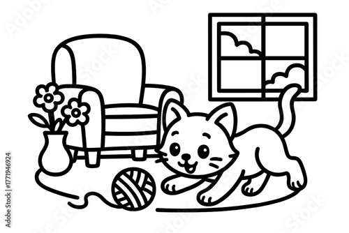 Kitten Chases Yarn. A playful kitten chasing a ball of yarn in a cozy room with a chair, flowers, and a window, black and white