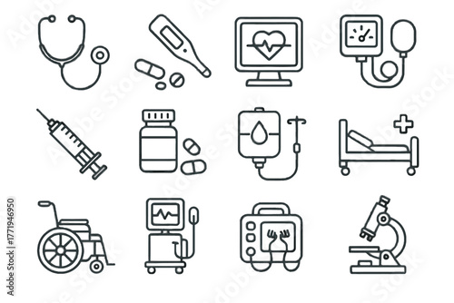 Medical bag pressure bed icon wheelchair icons microscope vector stethoscope device ventilator