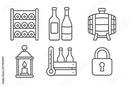 Cellar Storage Icons. Line style icons of Cellar storage: wooden rack, wine bottles, corked magnum, aging barrel, candle lantern,