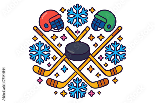 Hockey Mandala Art. Hockey puck in the center with sticks, helmets, ice crystals, and stars arranged in circular mandala form,