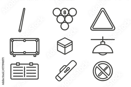 Billiards Line Icons. Line style icons of Billiards: Pool Cue, Billiard Balls, Triangle Rack, Pool Table, Chalk Cube, Overhead