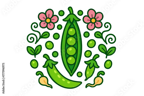 Playful Pea Pod. Pea pod in the center with beans, sprouts, blossoms, and tendrils arranged in circular symmetry, bright colorful