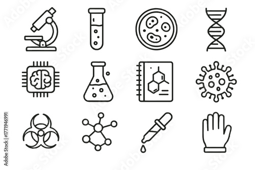 Vector molecule icon dna research tube helix biohazard glove notebook medical icons