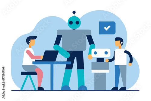 People and robots collaborating in a modern office setting silhouette isolated on white background
