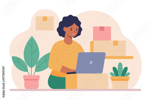 Woman working on laptop surrounded by delivery boxes and plants silhouette isolated on white background
