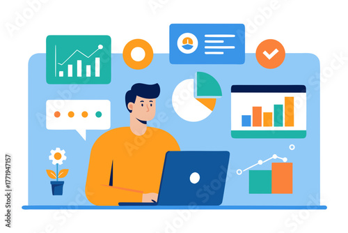 Man working on laptop with data charts and graphs isolated on white background silhouette