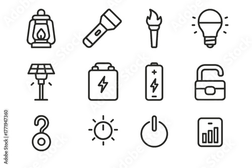 Icons vector icon bulb portable handle lantern led hook lighting power indicator