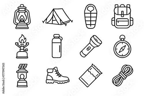Vector camping stove bar icons icon flashlight bottle gear sleeping solar rope