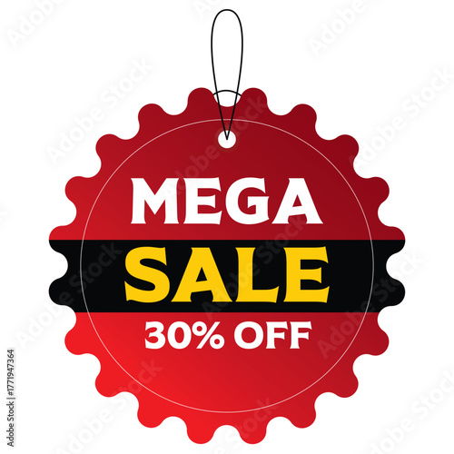 Mega sale tag with 30 off a red and black vector design for promotional advertising isolated on white background