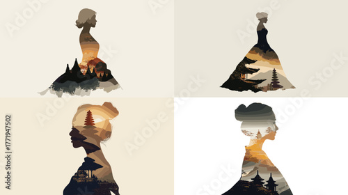 Artistic double-exposure silhouettes of women combined with nature and landscapes. Ideal for creative, fashion, or conceptual illustration and poster design.