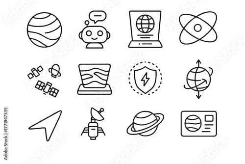 Virtual scan probe ai axis exploration vector icon rings satellite paths