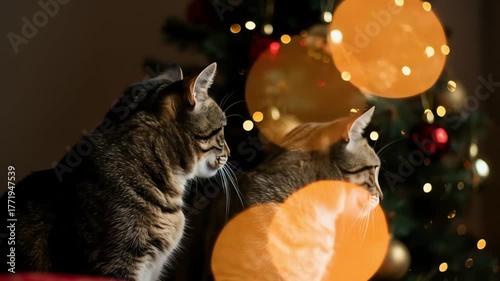 Two tabby cats sitting near an illuminated Christmas tree, creating a festive holiday mood for celebration footage.