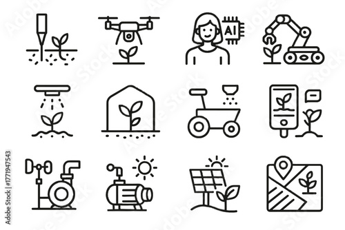 Farm pump greenhouse soil harvester solar smart dispenser system vector irrigation icon