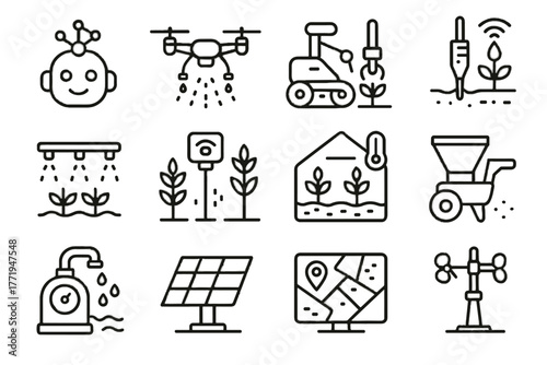 Futuristic icon fertilizer map farm unit system irrigation technology vector assistant robotic