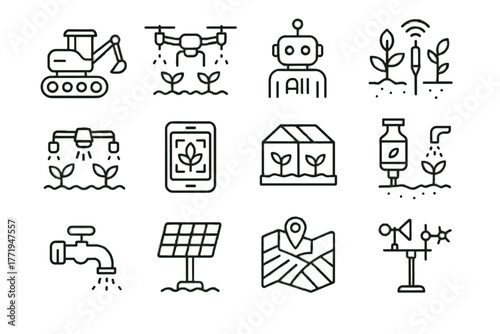 Pump dispenser automated farming sensor weather solar ai crop vector drone icon