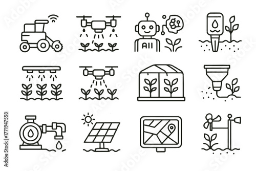 Icon panel pump automated farm sprayer weather farming vector soil system icons