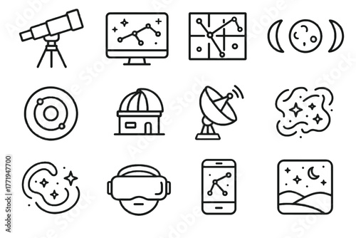 Icon moon constellation star chart observatory night virtual telescope sky dish icons