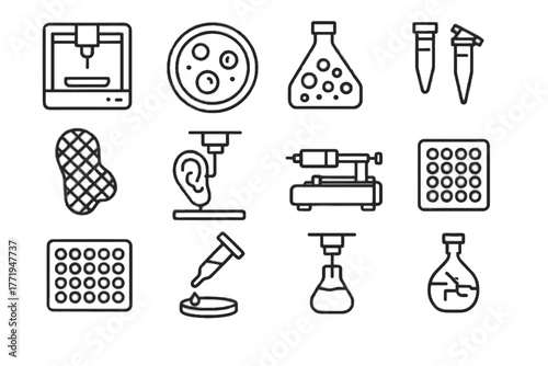 Icon petri vector bioprinter chip printed set biofabrication scaffold cell ear lab