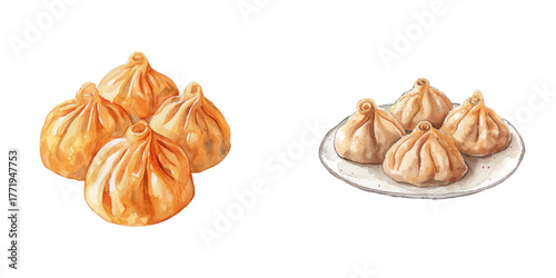 tibetan momo dumpling watercolor vector illustration
