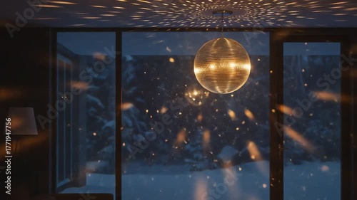 Disco ball hanging in room with falling snow outside window at night for celebration concept footage