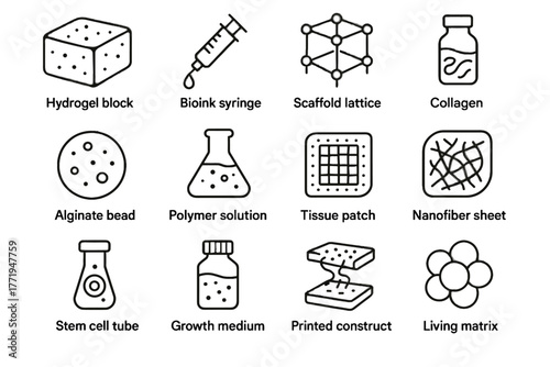 Cell hydrogel materials printed tube icons bio construct icon vial lattice vector