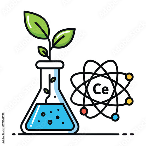 Green plant growing in blue liquid in flask next to atom model with Ce science growth