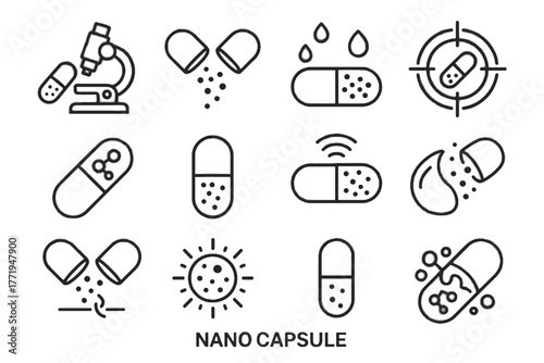 Release vector capsule nano enzyme smart icons icon encapsulated medicine pod microscopic