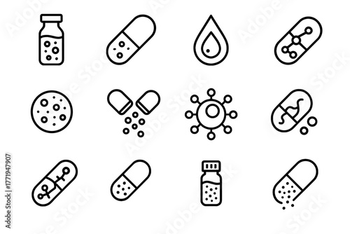 Therapeutic icon tiny microcapsule biomedical vial vector droplet medicine container icons capsule