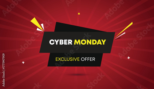 Cyber Monday exclusive offer web banner vector art template design badge icon label deep black gray shapes white yellow bold text dark red light sun shine abstract business background