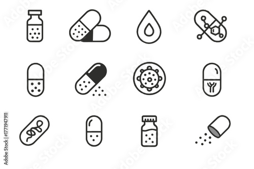 Biomedical micro vector container medicine therapeutic icons pod capsule protein vial icon