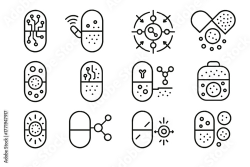 Smart biomedical vector particle drug enzyme modern nanocapsule icon capsule icons microcapsule