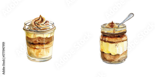 tiramisu in jar watercolor vector illustration