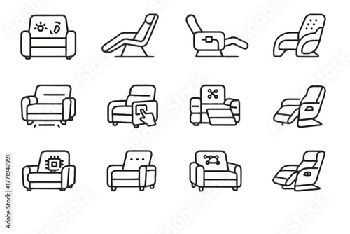 Vector assisted lounge icons smart recliner sofa massage ai chair led icon