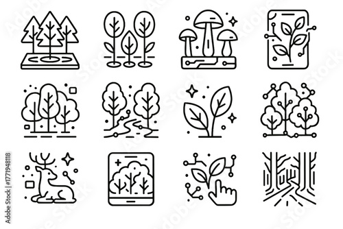 Augmented leaves futuristic shrubs smart icon connected forest pathway icons neon immersive