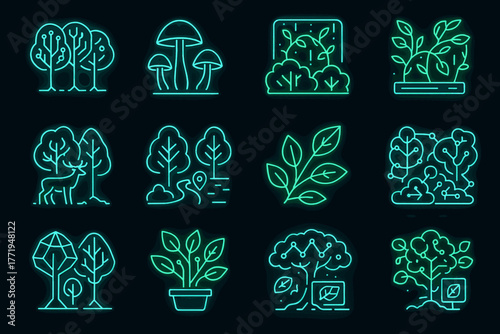 Digital trees leaves vector wildlife mushrooms smart connected forest neon virtual icons