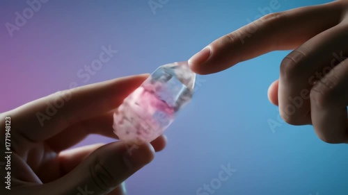 Two hands with curious mood gently holding a clear quartz crystal against a vibrant pink and blue gradient background, symbolizing scientific research, healing, or precious technology