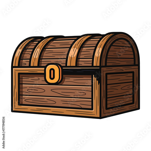 Cartoon wooden treasure chest with orange latch and dark wood planks wooden chest illustration