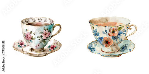 vintage teacup watercolor vector illustration