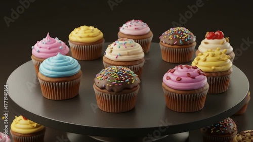 Collection of colorful frosted cupcakes in various flavors and vivid colors on a dark tiered stand against a black background, representing sweet indulgence, celebration, and bakery presentation