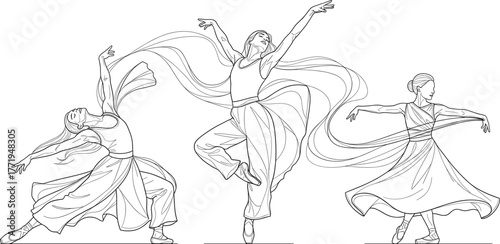 Elegant female dancers performing graceful ballet movements with flowing fabric, line art vector illustration for dance, motion, and art design concepts.