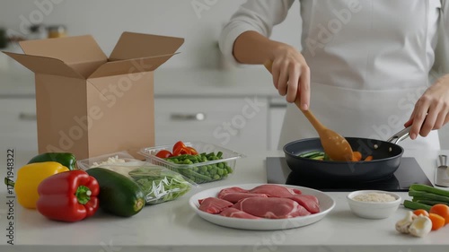 Person in a white apron with focused mood stirring vegetables in a pan next to a meal kit box, raw meat, and fresh produce on a clean kitchen counter, representing home cooking using convenient meal k