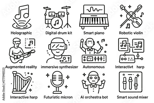 Music smart autonomous holographic vector digital icon guitar harp violin sound icons