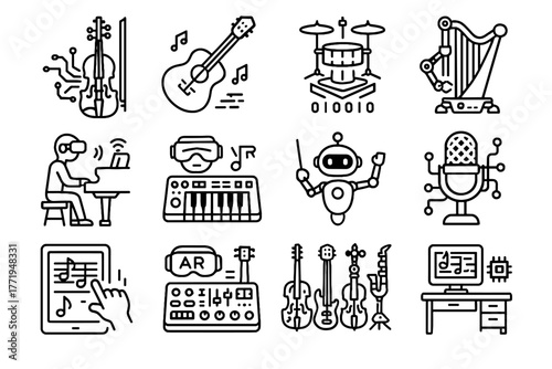 Icon guitar microphone vector orchestra synthesizer composer ai reality augmented desk drum