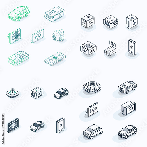 Isometric icons of modern gadgets and electronics such as cameras, car tech, and smart devices. Ideal for digital, automotive, or technology-related projects.