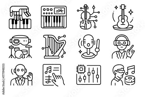 Vector futuristic augmented set holographic music ai immersive conductor guitar icon