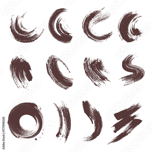 Vector collection of brown grunge brush strokes and abstract paint textures isolated on white background, artistic ink brush marks, dry paint smears and modern design elements for decoration